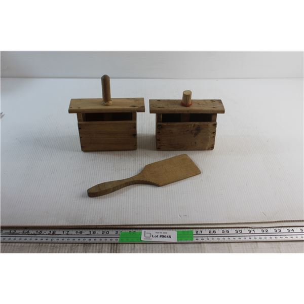 (2) Wooden Butter Moulds and Butter Paddle
