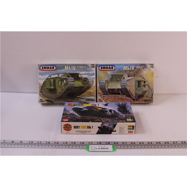 (3) 1:72 Scale Model Kits - WWI Mk 1 Tank, Mk IV "Female" WWI Tank, Mk IV "Male" Tank