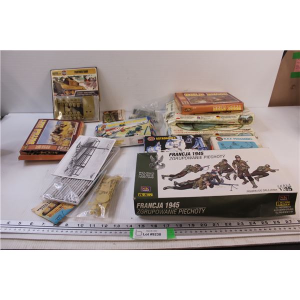 Assorted Soldier Figurines and Model Part Kits - Some Boxes Full, Some Boxes Partially Full