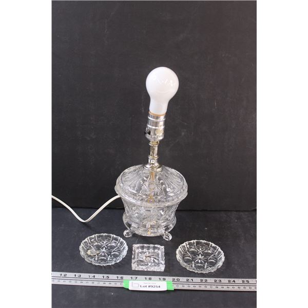 Crystal Lamp (Works) & (2) Coasters & Ashtray Set