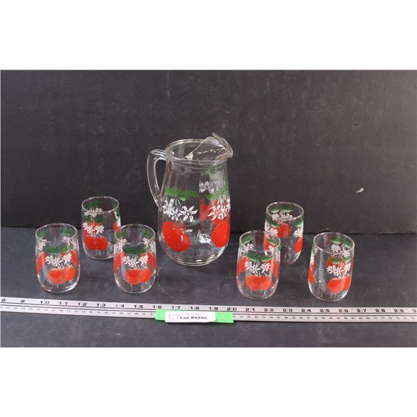 Vintage 1950's Tomato Juice Pitcher & (6) Glasses Set