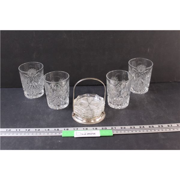 (4) Vintage Crystal Glasses w/ Coaster Set & Metal Carrying Tray
