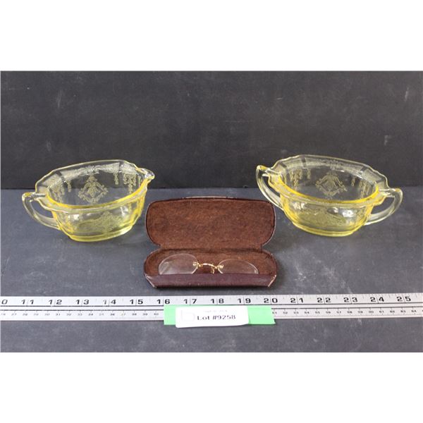 Yellow Princess Pattern Depression Glass Sugar & Creamer Set (No Lid) & Antique Reading Glasses in C
