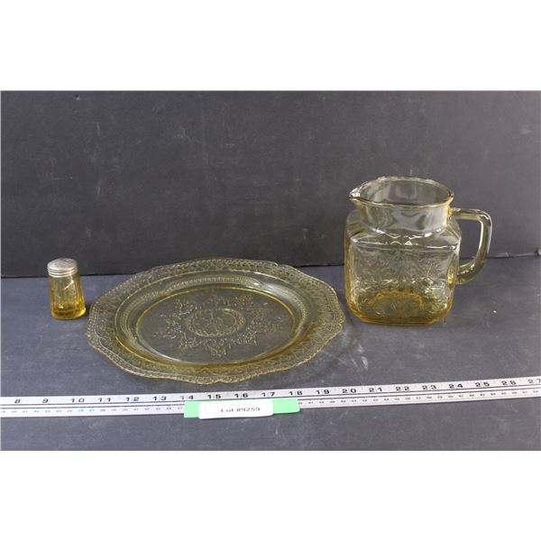 (3) Yellow Depression Glass: (1) Raised Scroll Pattern Pitcher, (1) Cabbage Rose Shaker, (1) Patrici