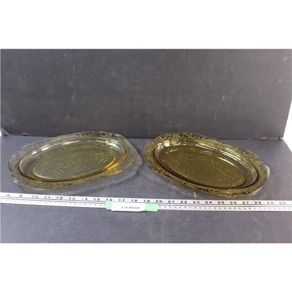 (2) Yellow Depression Glass Madrid Pattern Serving Trays - (One Chipped, as Pictured) - 11.5" x 8"