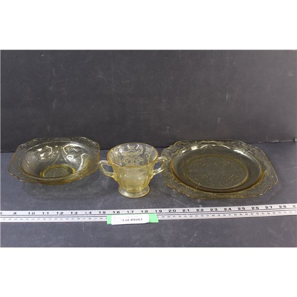 (3) Yellow Depression Glass: Madrid Pattern (2) Serving Dishes & (1) Sugar Bowl