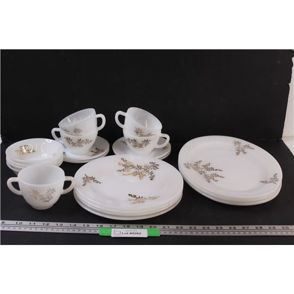 Federal Gold Floral Dish Set: Four Place Setting, Sugar Bowl & (3) Serving Platters