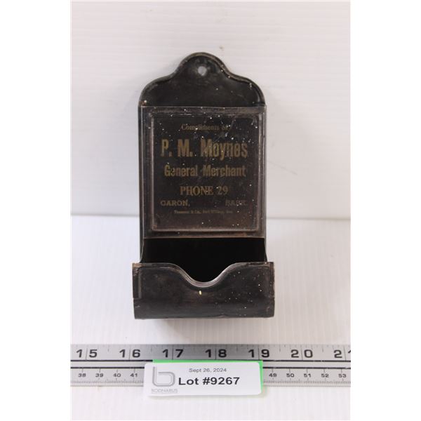 Antique Matchbox Holder - From Caron, Saskatchewan - Some Wear