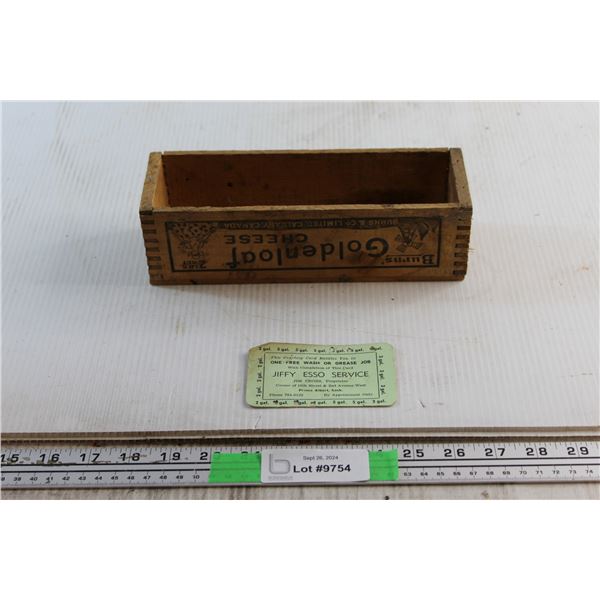 Vintage Wooden Burn's Goldenloaf Cheese Crate and Vintage Jiffy Esso Courtesy Card