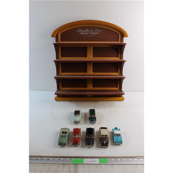 The Classic Wooden Cars of the Fifties Shelf and (7) Assorted Cast Iron Car Models