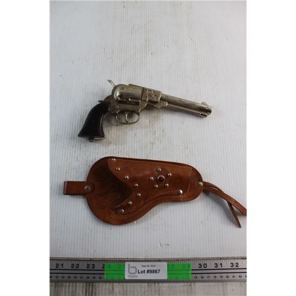 Red Ranger Revolver Toy with Leather Holster - As Is
