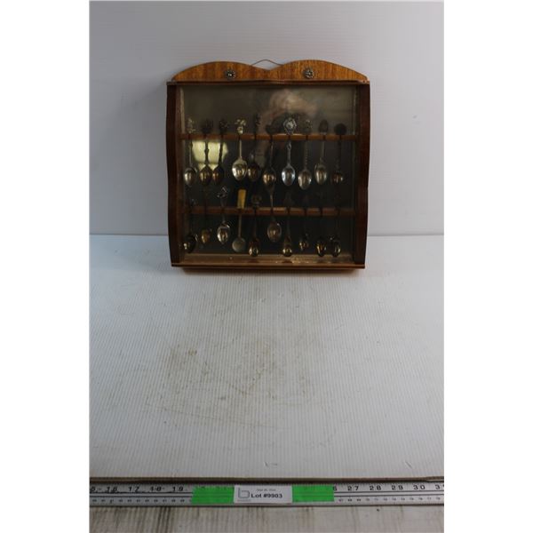 Wooden Spoon Box and (20) Decorative Souvenir Silver Spoons