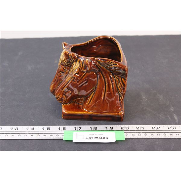 Vintage Brown Drip Glaze Double Headed Horse Pottery Planter - 5" x 5" x 4"
