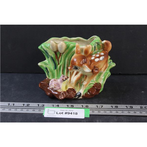 Vintage Ceramic Fawn & Frog Vase - Hand Painted in Japan - 4" x 6"
