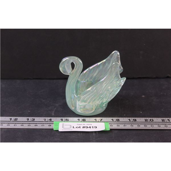 Glass Green Opalescent Bonbonniere Double Headed Swan Figurine - 3.5" x 4"