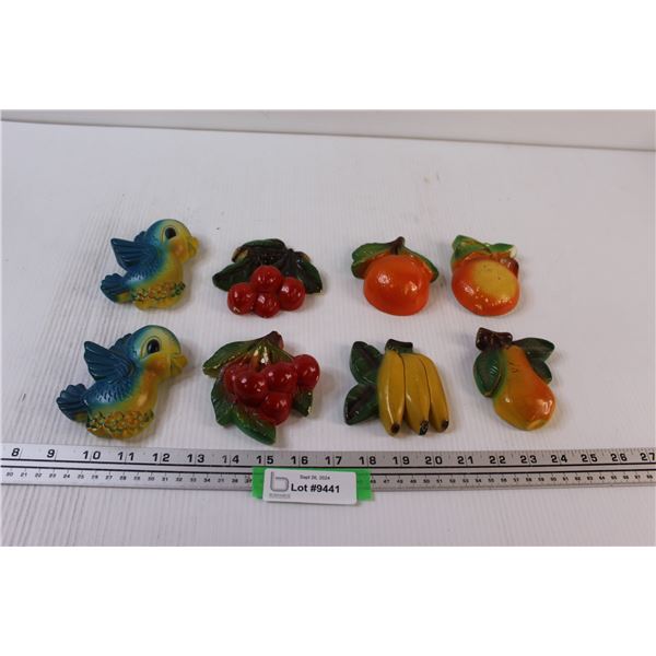 (8) Vintage Chalkware Fruit Wall Decor - 4" - Some Wear, as is