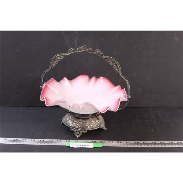 Victorian Brides Basket - Cranberry Vaseline Glass & Metal Stand - 10" x 11"