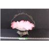 Image 1 : Victorian Brides Basket - Cranberry Vaseline Glass & Metal Stand - 10" x 11"