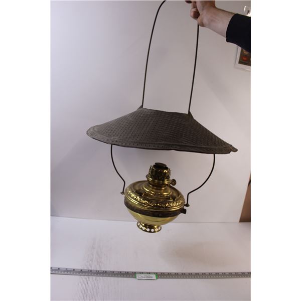 Dresden Brass Victorian Oil Lamp w/Metal Hanging Shade - Lamp - 10" x 11", Shade - 30" x 20"