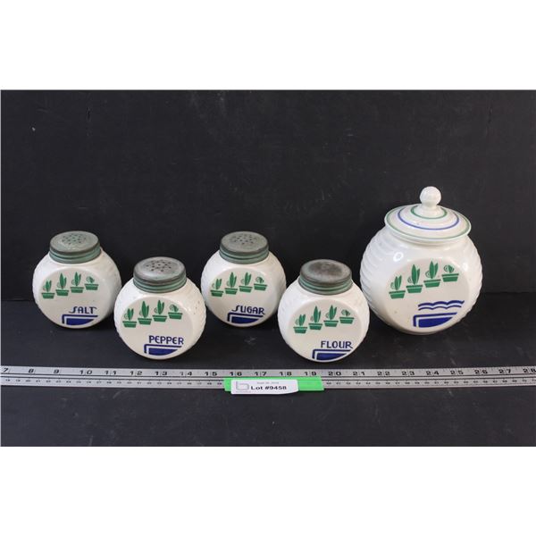 Vintage Fire King Milk Glass Kitchen Storage Jar Set: Salt & Pepper Shakers, Sugar & Flour Bowls