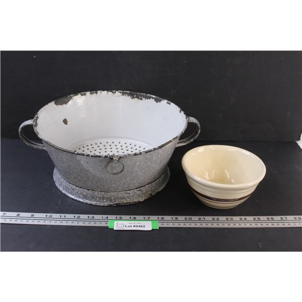 Enamel Strainer (12" x 5") & Clay Pottery Bowl (6" x 3")