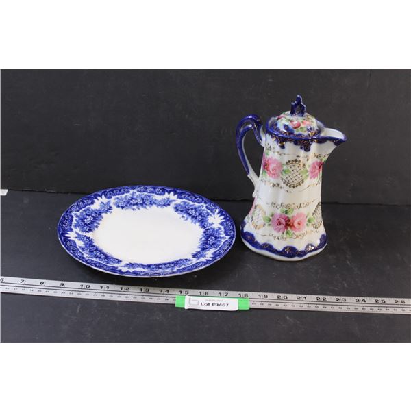 Antique Nippon Tea Pot - 9" Tall & Blue Daisy Pattern 10" Plate
