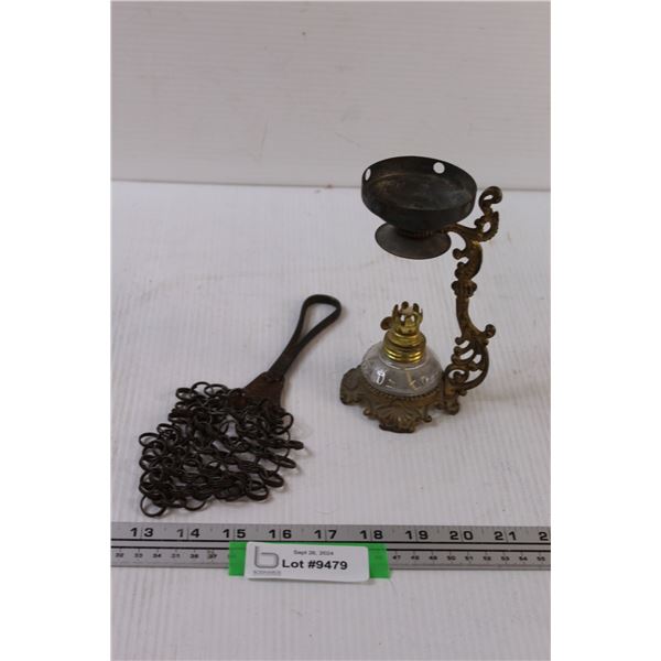 Antique Chain Mail Pot Scrubber & Cresolent Miniature Oil Lamp (No Shade) - 7" x 4", as is