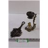 Image 1 : Antique Chain Mail Pot Scrubber & Cresolent Miniature Oil Lamp (No Shade) - 7" x 4", as is