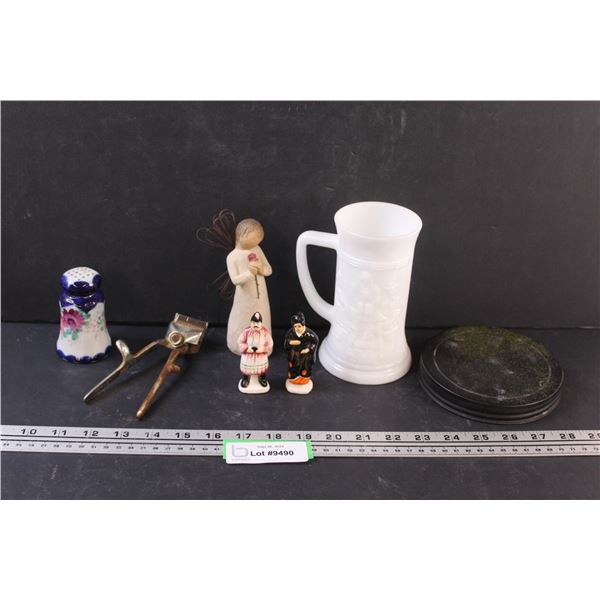 Milk Glass Stein, Vintage Hair Clipper (Some Wear), Salt or Pepper Shaker, Angel, (2) Asian Figurine