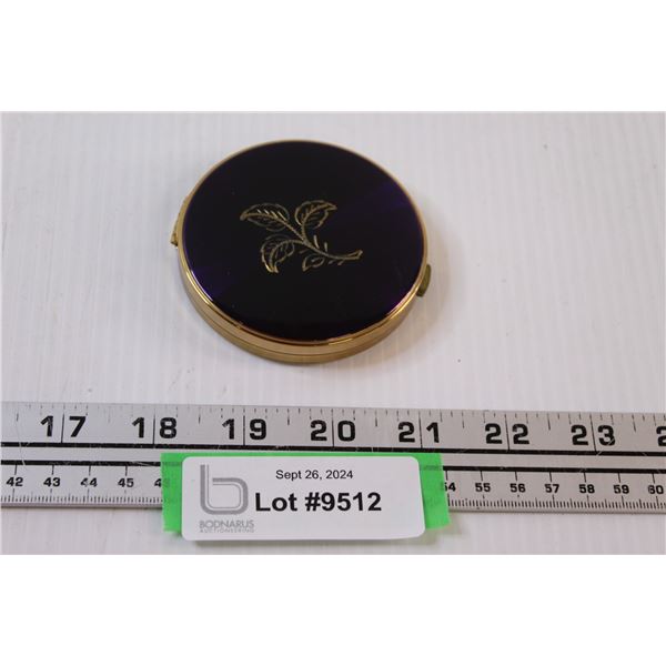 Antique "Margret Rose" Compact Blue - Purple Enamel Lid w/Engraved Leaves