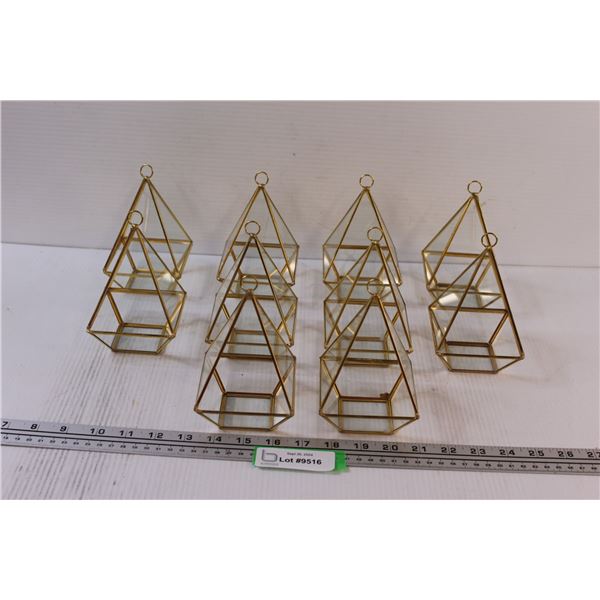 (10) Triangular Glass & Brass Airless Plant / Candle Holders - 5" x 3"