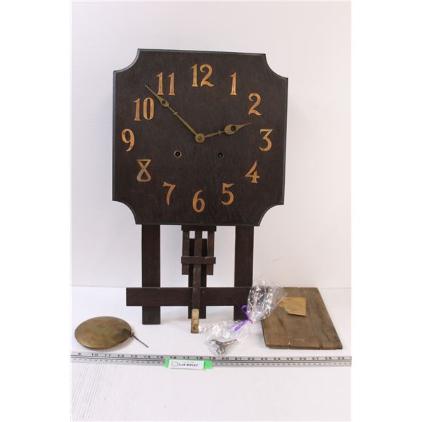 Antique Oak Mission Style Wall Clock w/Key - Needs Some TLC - 23" x 13"