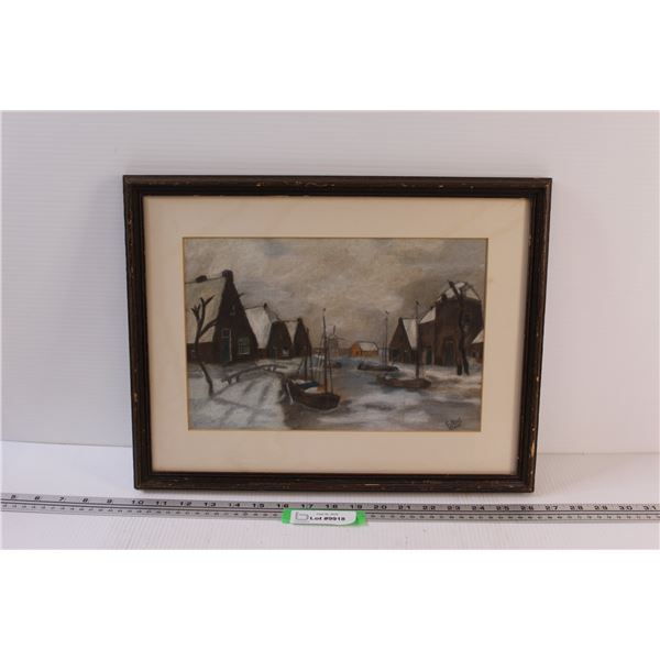 "Winter Fishing Village" Painting by G. Maal - 17" x 13.5"