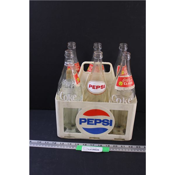 (6) Vintage Coca Cola & Pepsi 1 Litre Glass Bottles & Pepsi Plastic Carrier