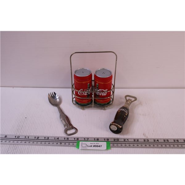 Coca Cola Salt & Pepper Shakers w/ Caddy, (2) Coca Cola Bottle Openers