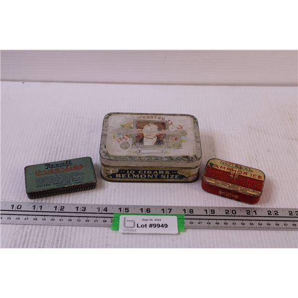 (3) Vintage Collector Tins: Belmont Cigars Tin, Camphor, Rexall