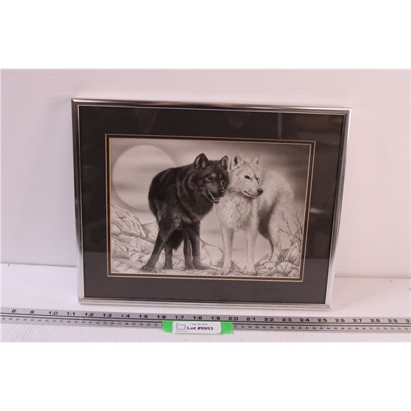 Wolf Charcoal Art Picture in Frame by Sam Lu - 14" x 11.5"