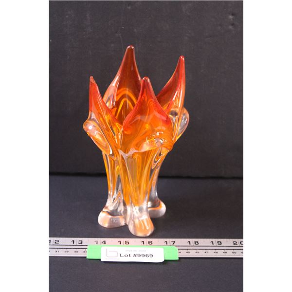 Chalet Art Glass Orange & Clear Vase - (Has Damage on one End, as Pictured) - 8" x 4"