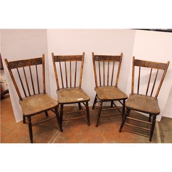 *(4) Antique Wood Chairs - Some Wear - Seat: 14" x 16", Height 36"
