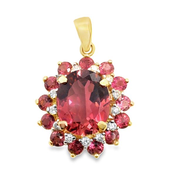 Yellow Gold Pink Tourmaline & Diamond Pendant