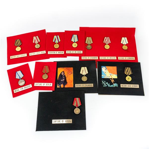 WWII Soviet Russian Medal Display & Plaque Lot