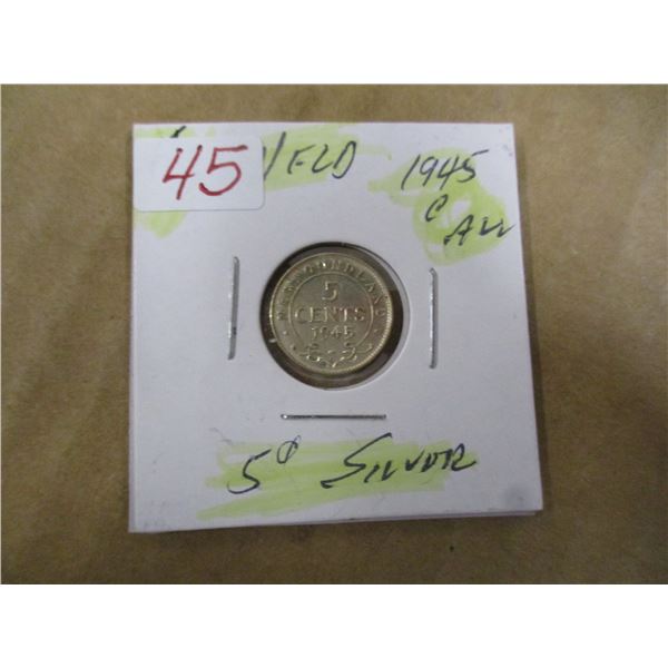 1945 C/AU NEWFOUNDLAND SILVER FIVE CENT COIN