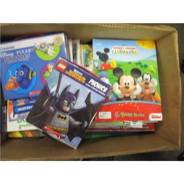 BOX C/W KIDS BOOKS, FRYING PANS, GAMES, ETC