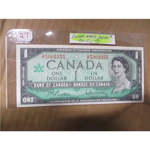 1967 CRISP UNCIRCULATED CANADA CENTNNIAL DOLLAR BILL (POKER HAND SERIAL NUMBER)
