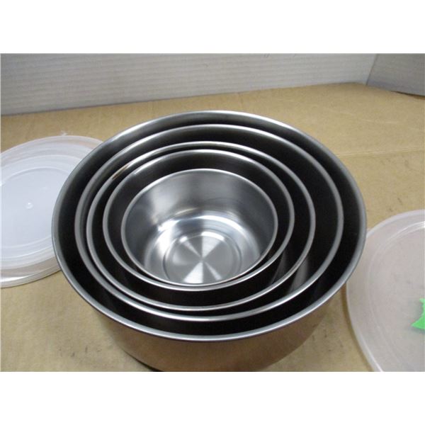 5 STAINLESS STEEL BOWLS C/W LIDS