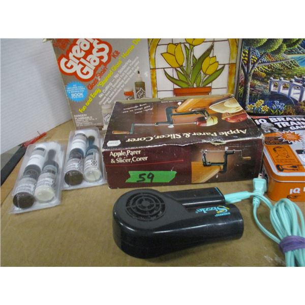 BOX C/W PAINT SET, HAIR DRYER, APPLE PEELER, PUZZLES, ETC