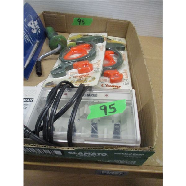 FLAT C/W CLAMPS, BATTERY CHARGER, MISC