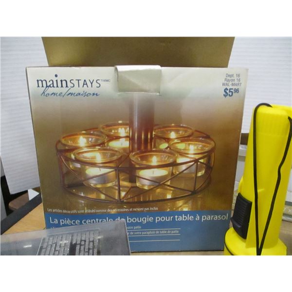 BOX C/W FLASHLITES, BATTERY CHARGER, CANDLE HOLDER, SHELF, ETC