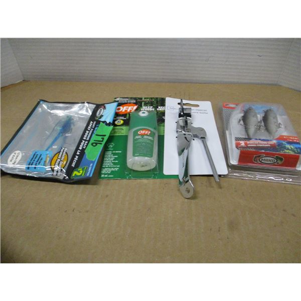 ESTATE:  BOX C/W FISH HOOKS, OFF, CAN OPENER, ETC