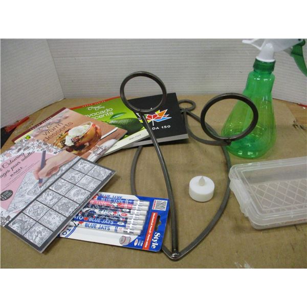 ESTATE:  BOX C/W CANDLE HOLDERS, PENCILS, ETC